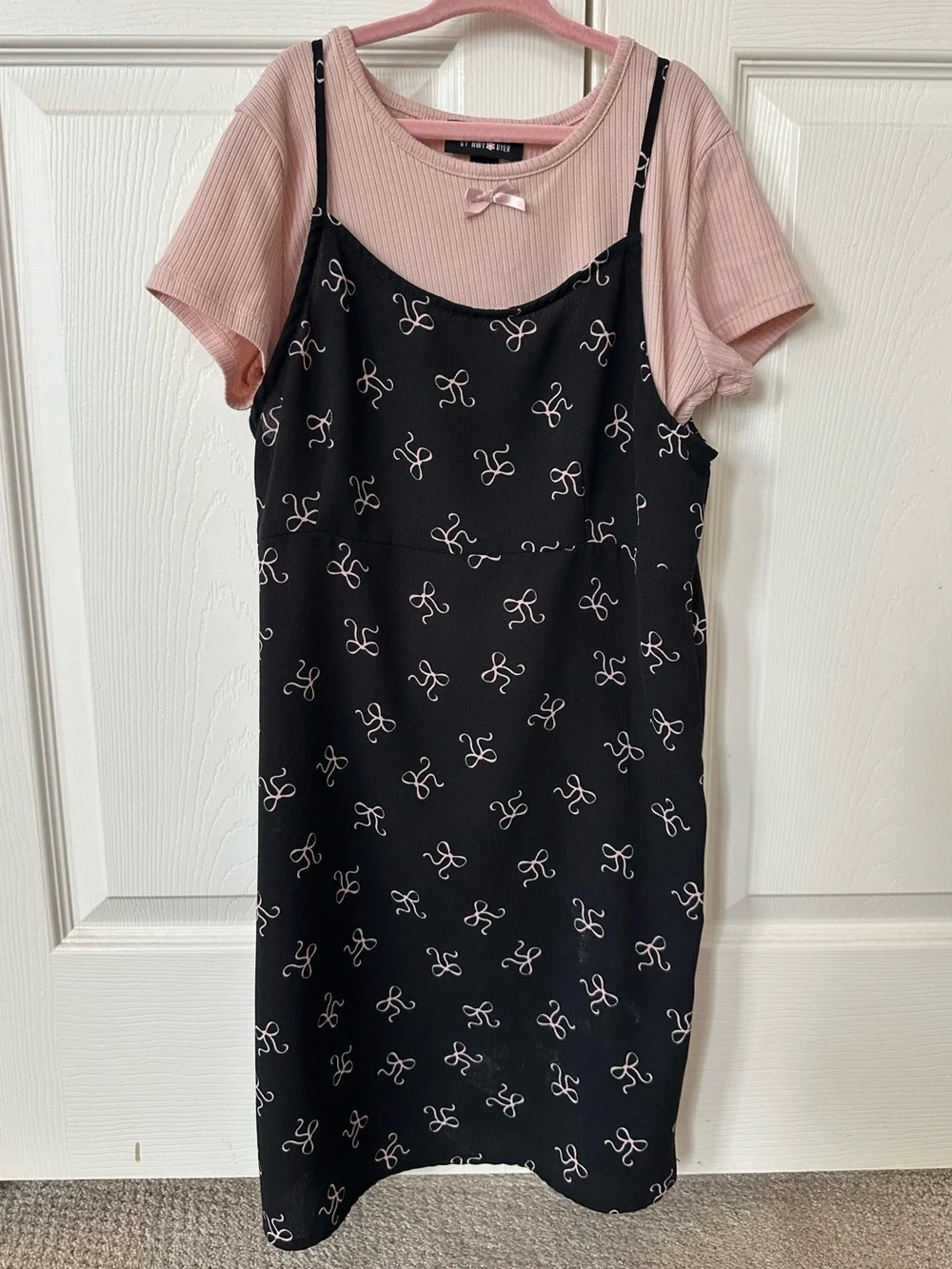 Beautees- Pink Ribbed Tee with Black Bow-Print Slip Dress